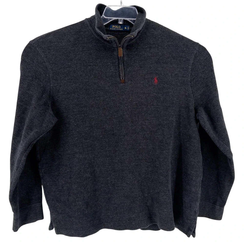 Polo Ralph Lauren Mens XL 1/4 Quarter Zip Sweater 100% Cotton Dark Gray Charcoal